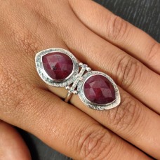Raw Ruby Pear bohemian silver ring
